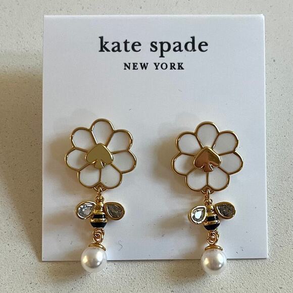 KATE SPADE Earrings, Gold Daisy w/ Bee & Pearls, NEW IN PACKAGING! - Picture 5 of 5
